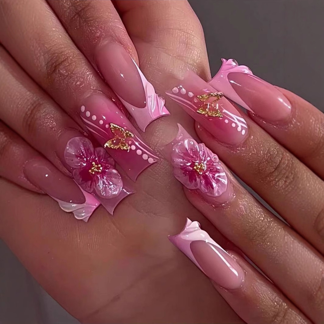 Pressed Flower Art - 24 ชิ้นสวมใส่สแควร์กดบนเล็บฤดูร้อนดอกไม้หวานออกแบบความยาวกลางโลงศพเล็บปลอม Glitter ผีเสื้อฝรั่งเศสเล็บปลอม