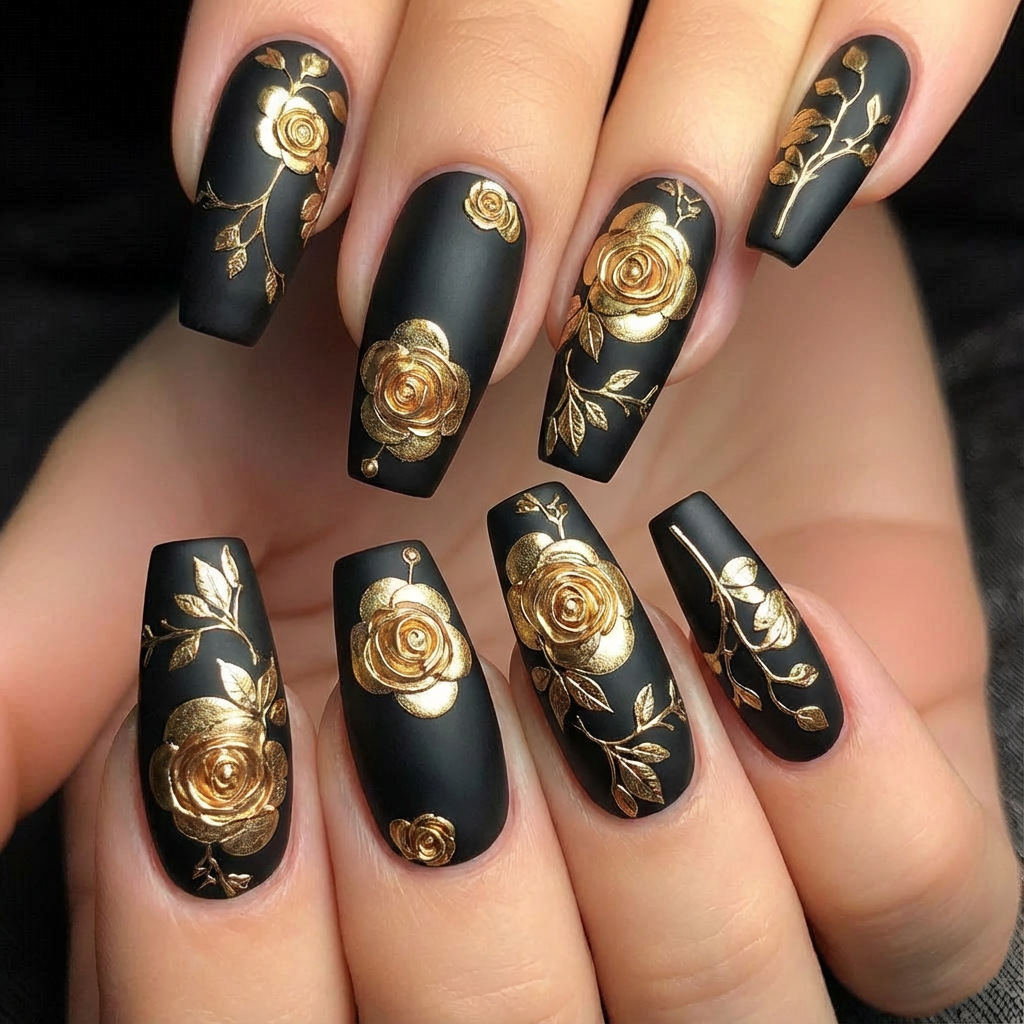 Pressed Flower Art - เล็บปลอม 3 มิติ สำหรับผู้หญิง สาวๆ สีทอง