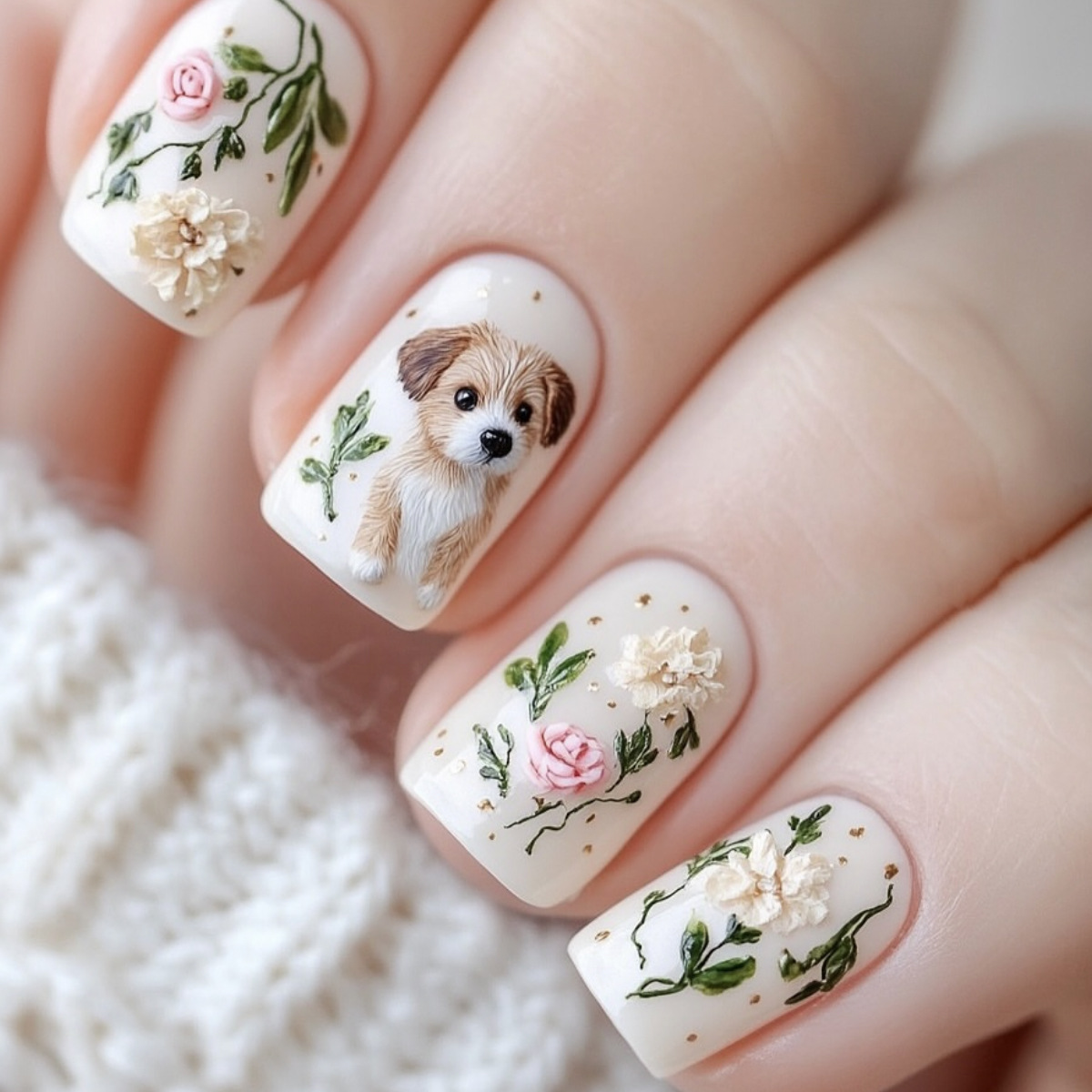 Pressed Flower Art - เล็บปลอมแบบกดติด 24 ชิ้น ลายดอกไม้ใบไม้สีเขียว ทรงสี่เหลี่ยมสั้น น่ารัก