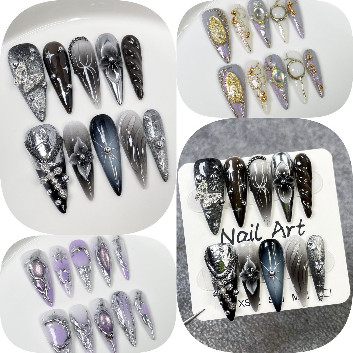Pressed Flower Art - เล็บปลอมแบบกดติด 10 ชิ้น สีดำไล่เฉด ทรงยาว สไตล์สติลเลตโต้